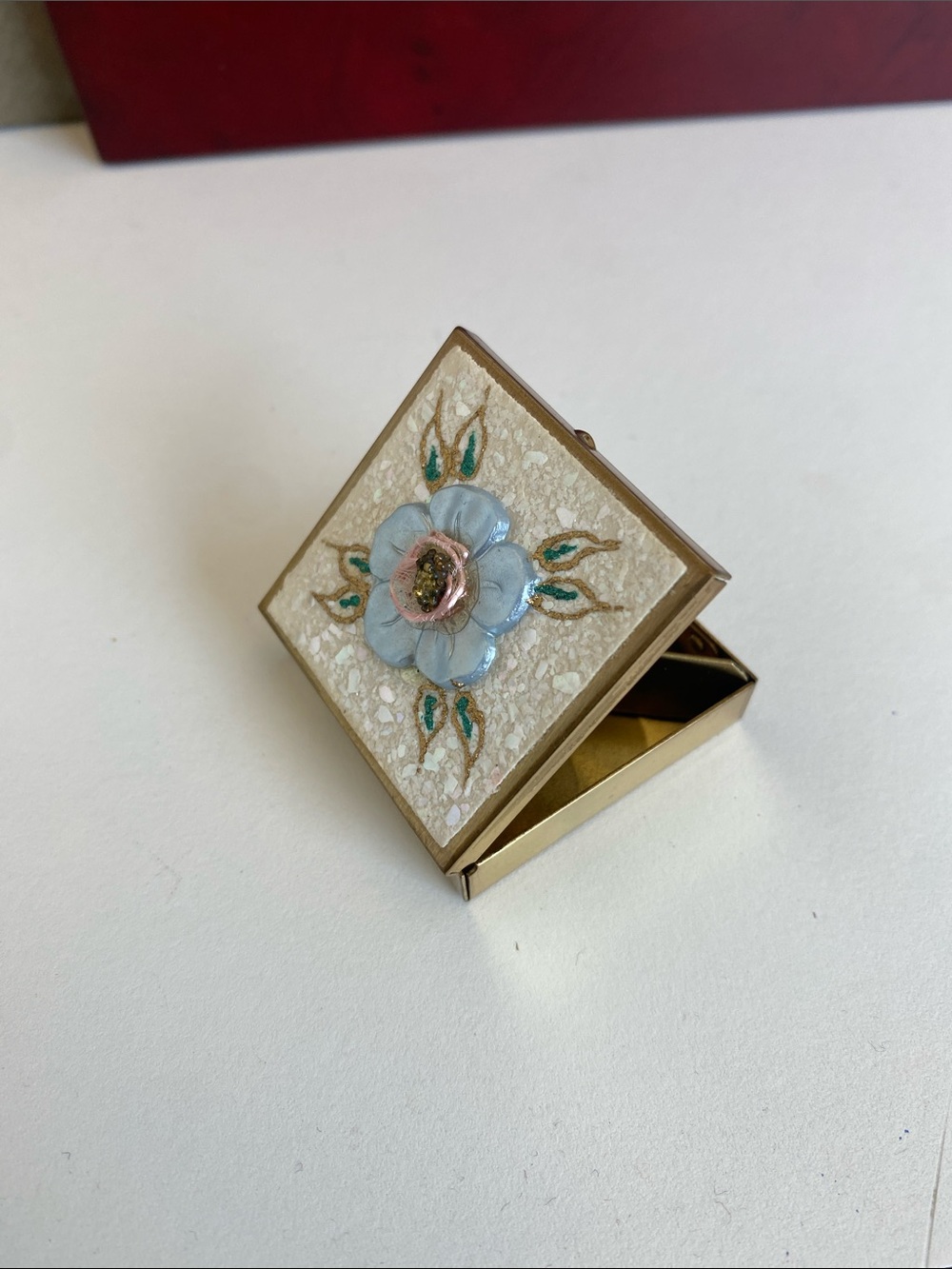 Gold-Tone Pill Box with Light Blue Enamel Flower VINTAGE